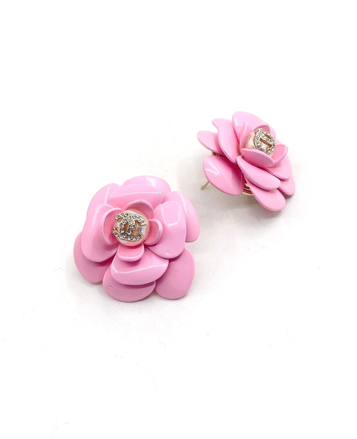 18K Chanel Pink Camellia Resin Earrings