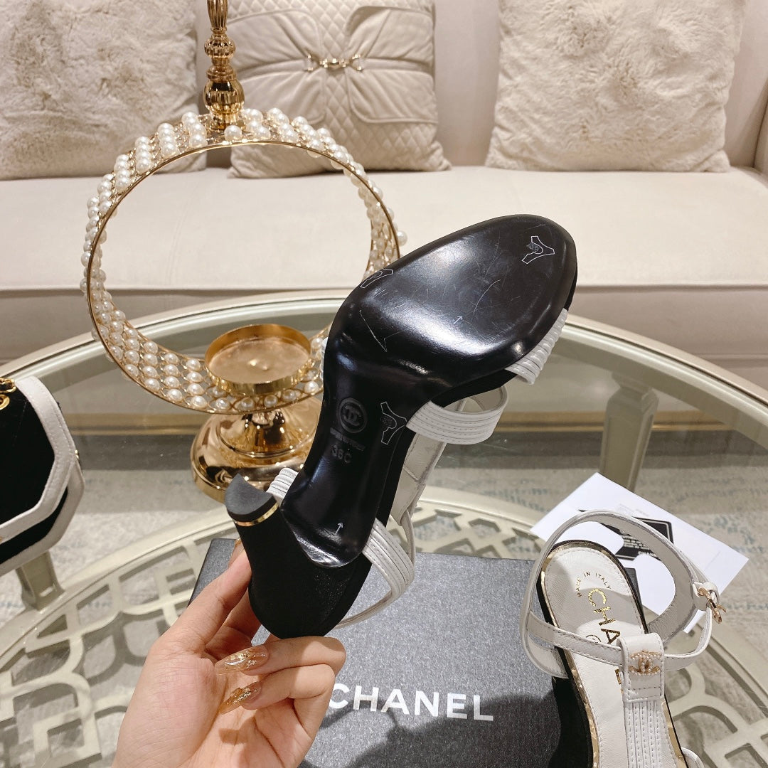 CHANEL Double C Heeled Sandals White Black Lambskin