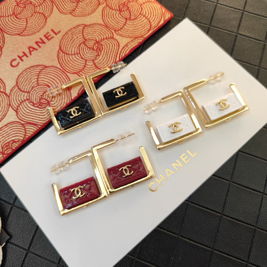 18K Chanel White Bag Hoop Earrings