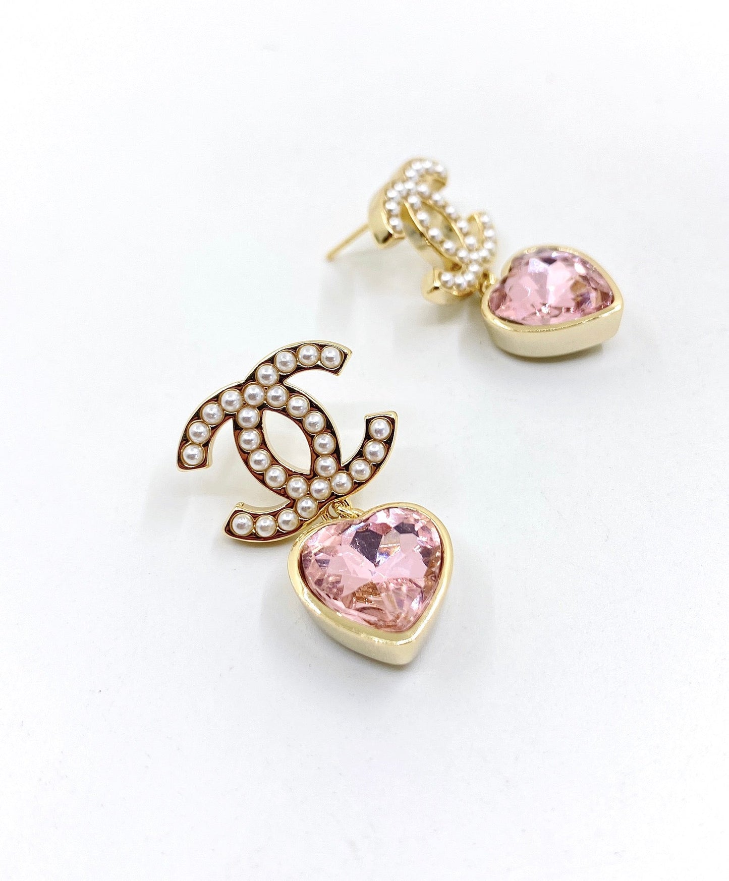 18K Chanel Pink Heart Crystal Earrings