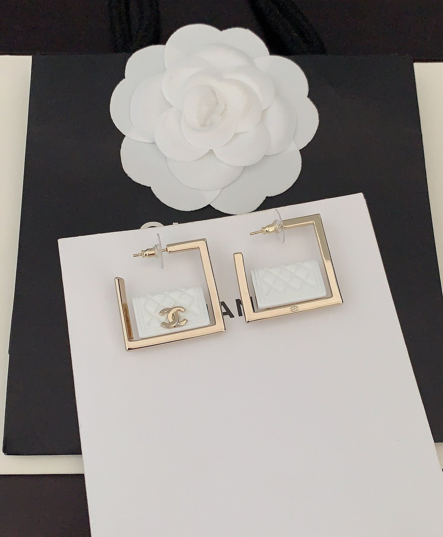 18K Chanel White Bag Pendant Earrings