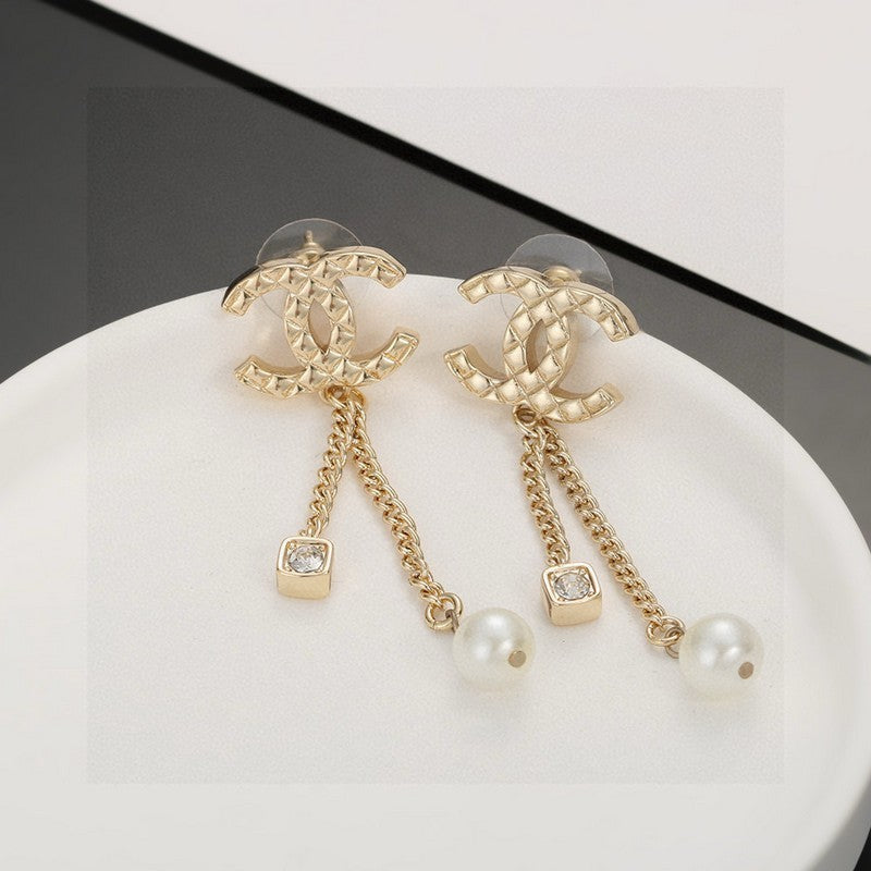 18K Chanel Long Pearl Pendant Earrings