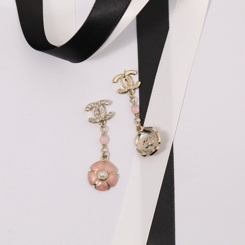 18K Chanel Black & Pink Camellia Diamond Long Earrings