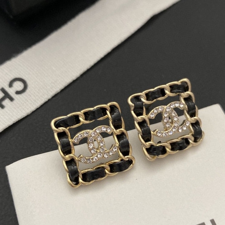 18K Chanel Square Leather Earrings