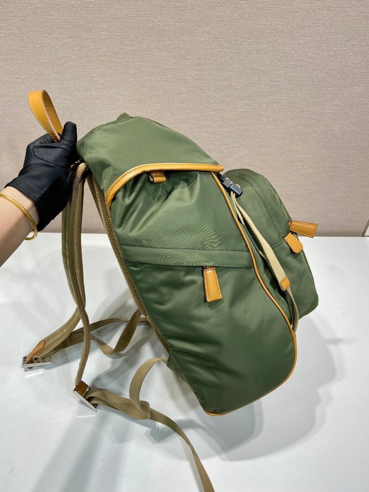 PRADA BACKPACK 45 IN SEAWEED GREEN RE-NYLON AND BROWN CALFSKIN TRIM