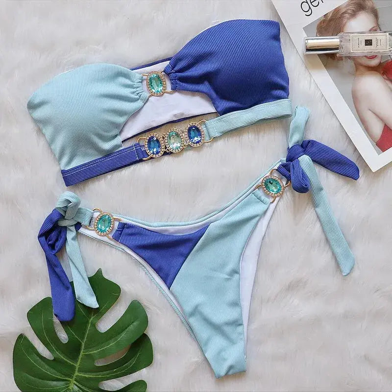 Tube Top Rhinestone Bikini Set