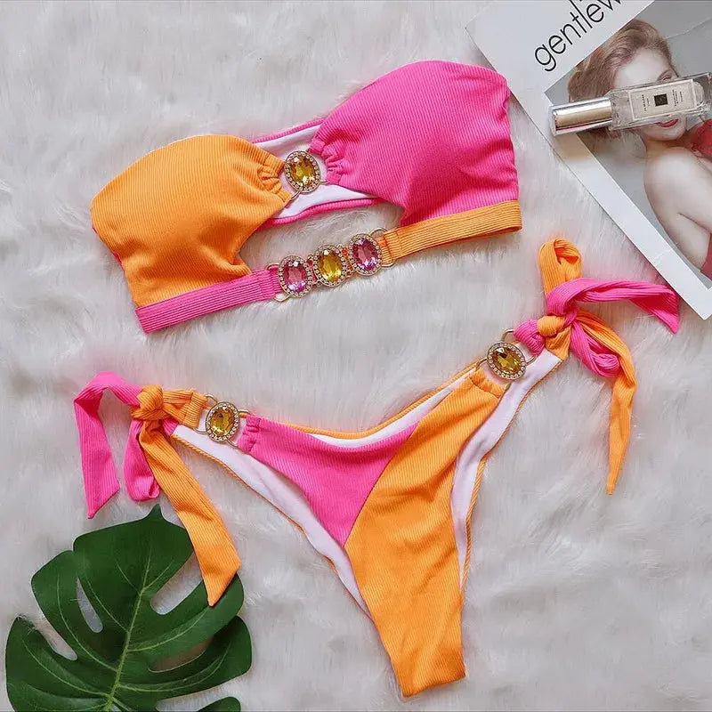 Tube Top Rhinestone Bikini Set