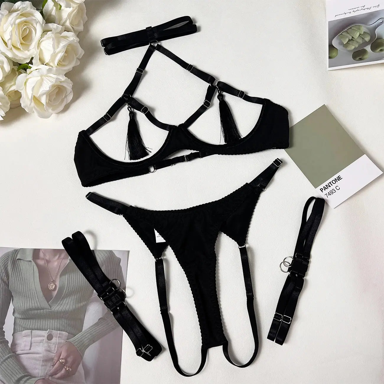 Tassel Open Bra Crotchless Lingerie Set