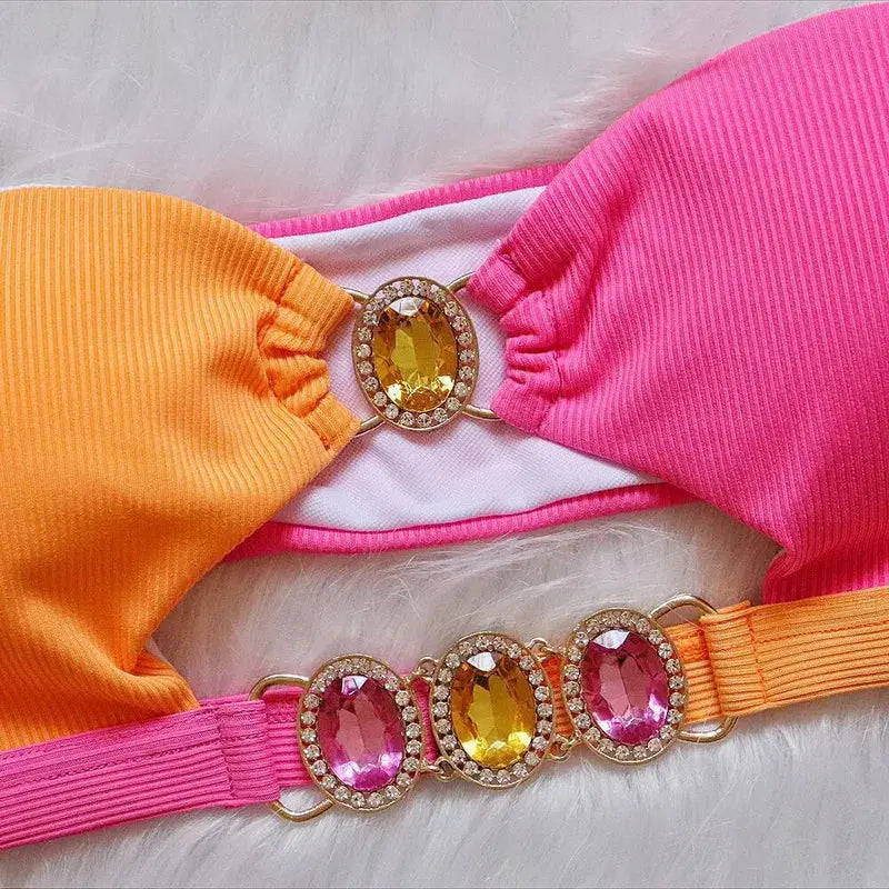 Tube Top Rhinestone Bikini Set
