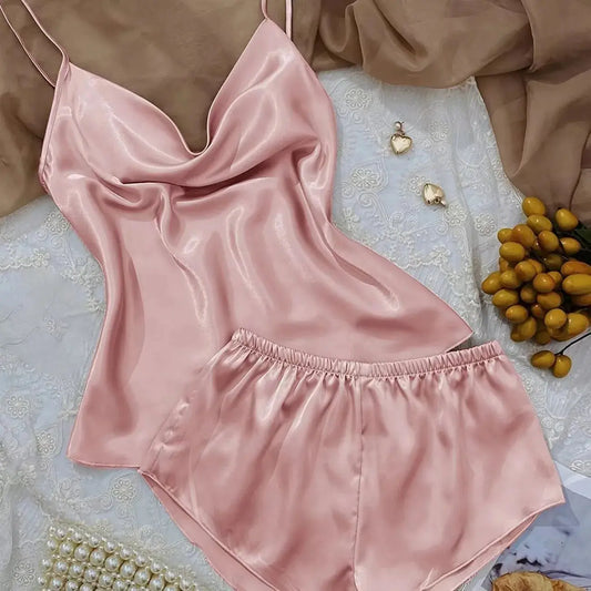 Ice Silk Women's V Neck Pajama Set