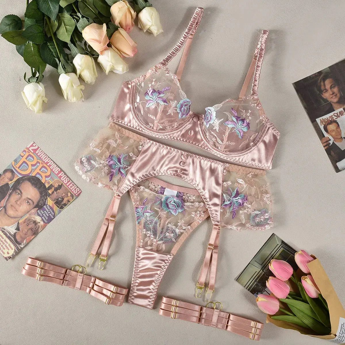 Transparent Sensual Silk Garter Lingerie Set