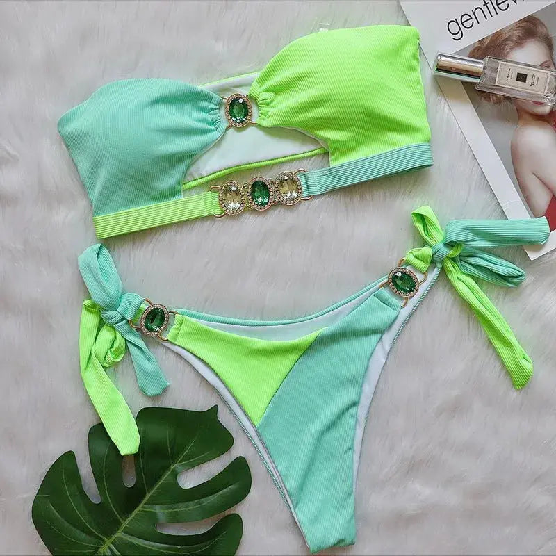 Tube Top Rhinestone Bikini Set