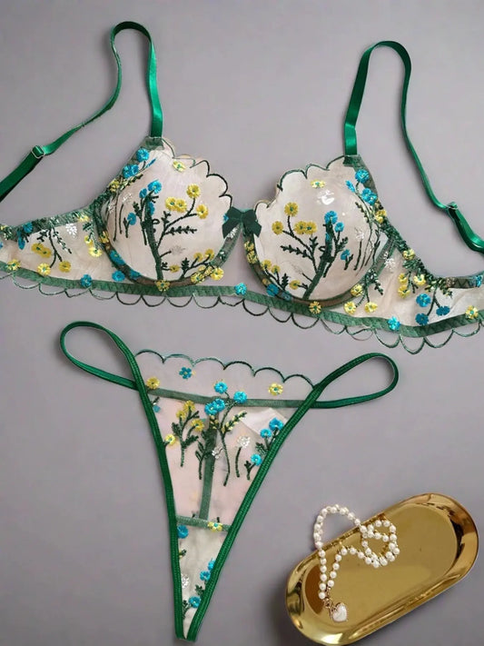 Floral Lingerie Set Women Embroidery Boho Bra Thong Intimates