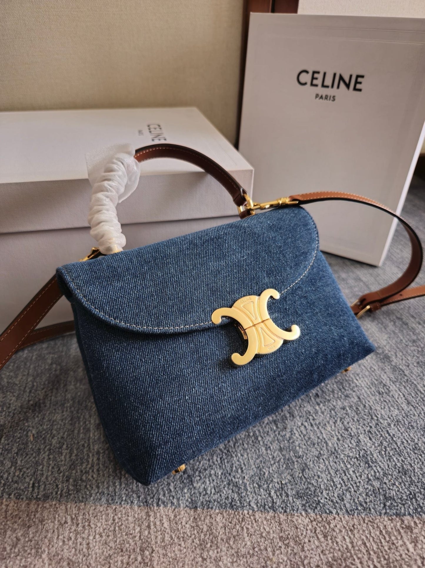 CELINE TEEN NINO BAG 20.5 IN DENIM TRIOMPHE KELLY