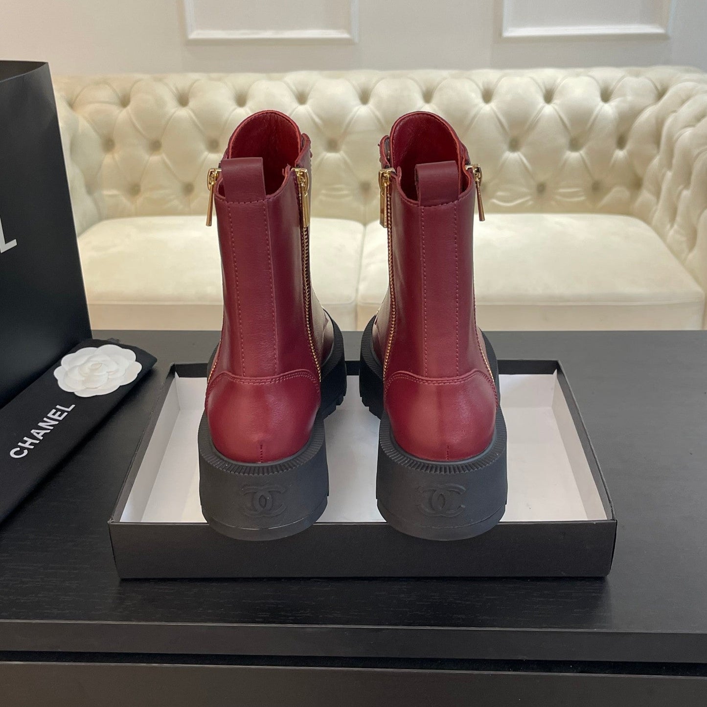 CHANEL ANKLE BOOTS IN BLACK MIX GARNET RED LAMBSKIN