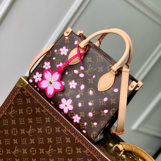 LOUIS VUITTON ONTHEGO PM CHERRY BLOSSOM IN SAKURA BROWN MONOGRAM COATED CANVAS