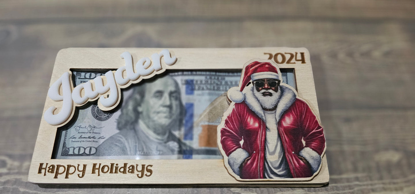 Personalized Wood & Acrylic Christmas Money Cash Envelope Holders with Santa and Elves. Cool Santa, Black Santa Claus, Sunglasses, or Elf